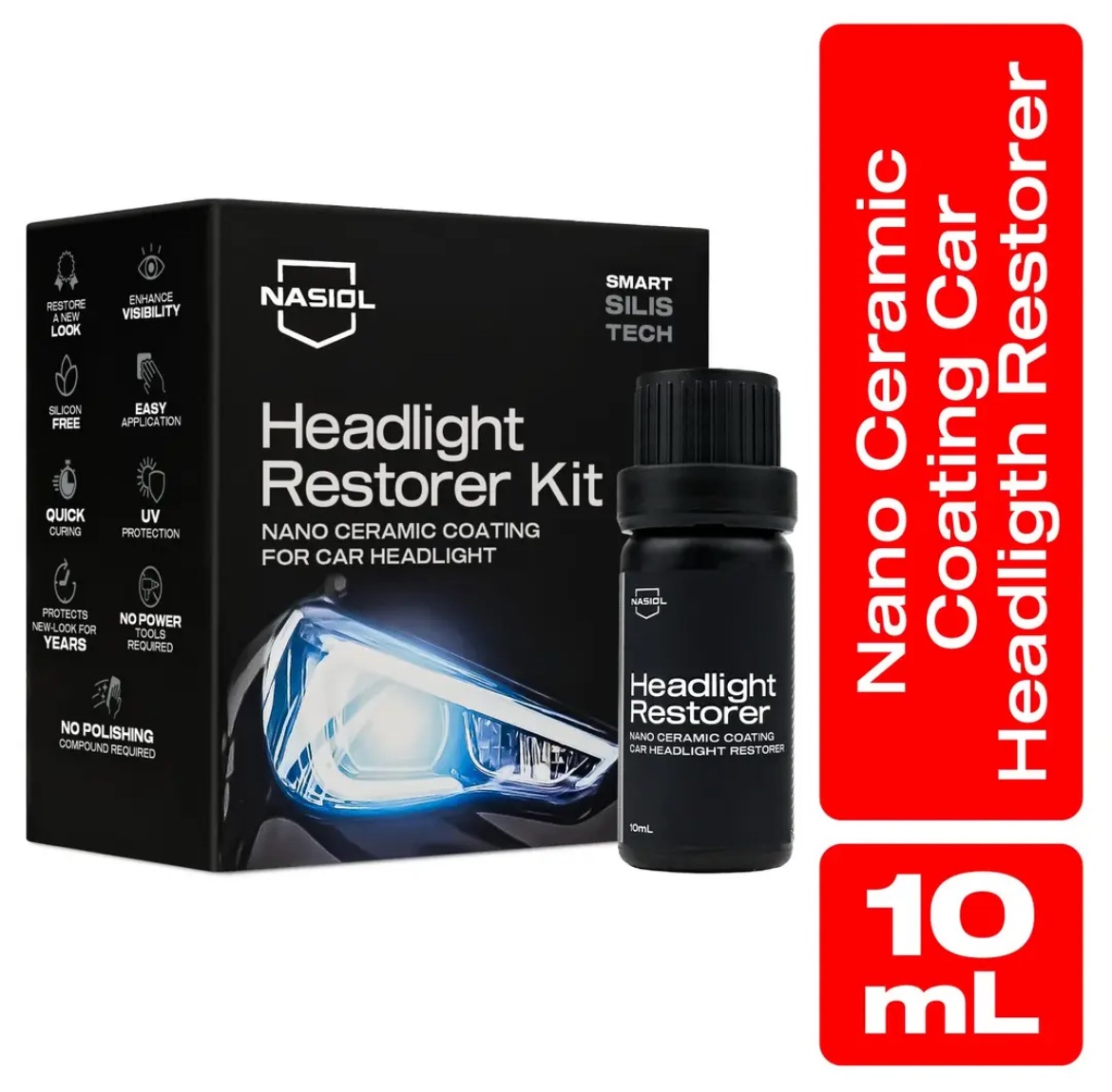 Nasiol Headlight Restorer Nano Seramik Far Yenileme ve Koruma Kiti 3 Yıl Dayanım 10 ML