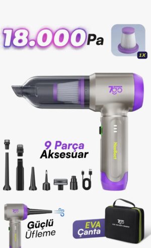 7go 7gab-02 Kablosuz Araç Içi Süpürge | 18.000PA Güçlü Emiş | Fırçasız Motor | 6000MAH Batarya | Toz Üfleme & Vakum 2’si 1 Arada EVA ÇANTALI